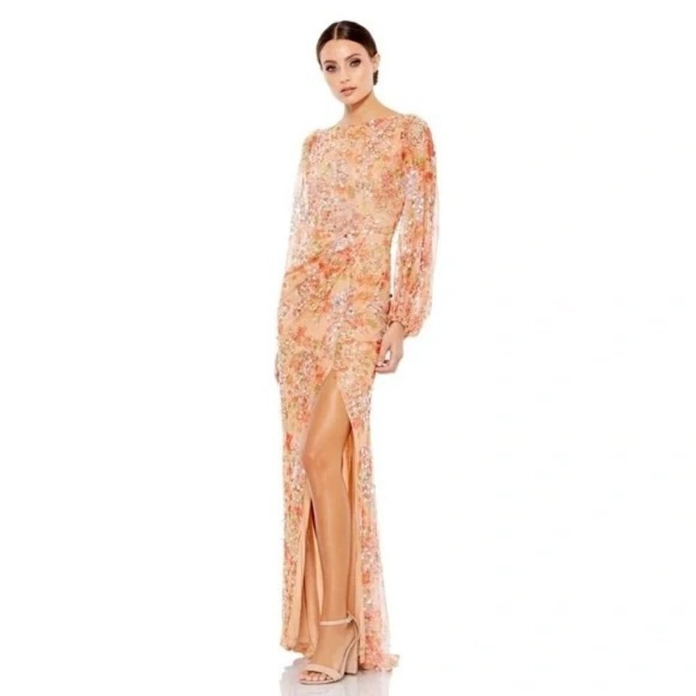 MAC DUGGAL Floral Sequin Long Sleeve Gown Dress in Apricot Size 12 NWT 93547